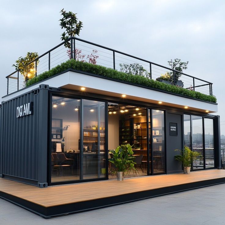 Container Cafe with Rooftop Garden and Illuminated Interior