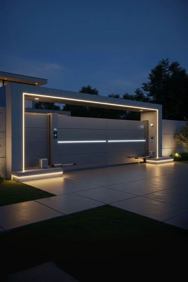 Illuminated Modern Steel Gate at Night Islamabad Fabrication