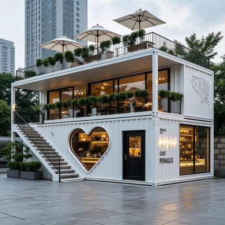 Two-storey container cafe with rooftop terrace and steel staircase